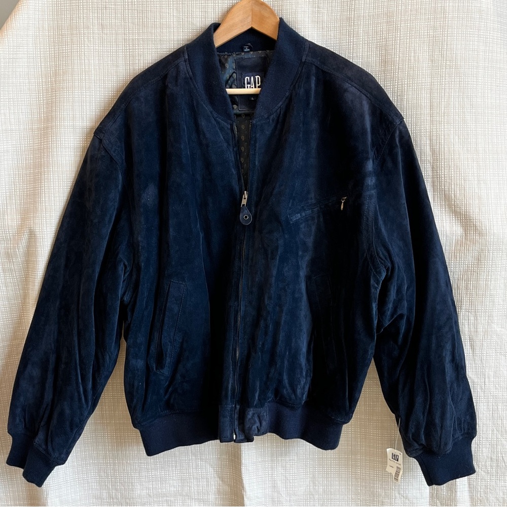 NWT GAP 100% Suede Leather Bomber Jacket Navy Blue Cropped Suede Outerwear